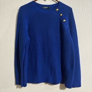 Lauren Ralph Lauren Blue Sweater 3 Gold Buttons Raglan Sleeve Knit Classic W XL